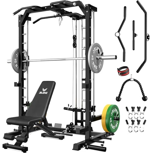 JELENS SR01 Smith Machine, 2000LBS Multi-Function Power Cage with LAT Pulldown System, All-in-One Home Gym Squat Rack with Smith Bar and Training Attachments for Full Body Workouts - color: Black, size: 140LB Colored Weights Package