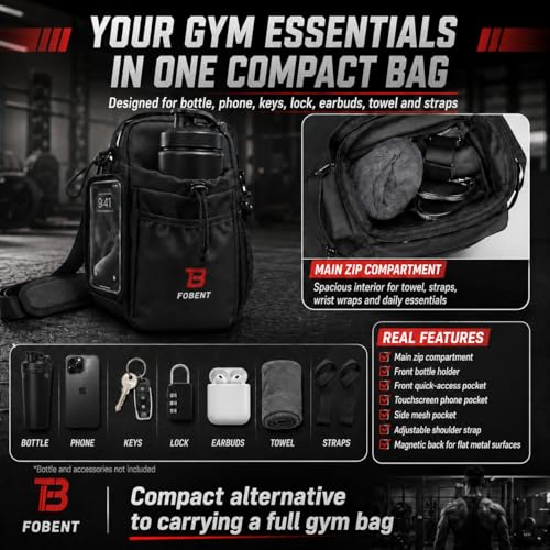 Compact Gym Organizer Bag with Phone Pocket & Bottle Holder, Magnetic Back for Flat Metal Surfaces, Gym Essentials Bag for Keys, Towel, Straps, Earbuds & Workout Accessories
