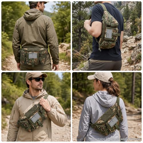 Hiking Fanny Pack Waist Bag, Portable Tactical Fanny Pack with 5 Zipper Pockets, Large Crossbody Waist Belt Hip Bag for Men Women Fishing Travel Cycling Bumbag with U.S Patch - Woodland Camo - color: Woodland Camo
