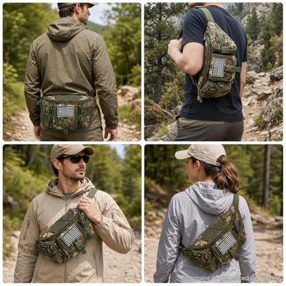 Hiking Fanny Pack Waist Bag, Portable Tactical Fanny Pack with 5 Zipper Pockets, Large Crossbody Waist Belt Hip Bag for Men Women Fishing Travel Cycling Bumbag with U.S Patch - Woodland Camo - color: Woodland Camo
