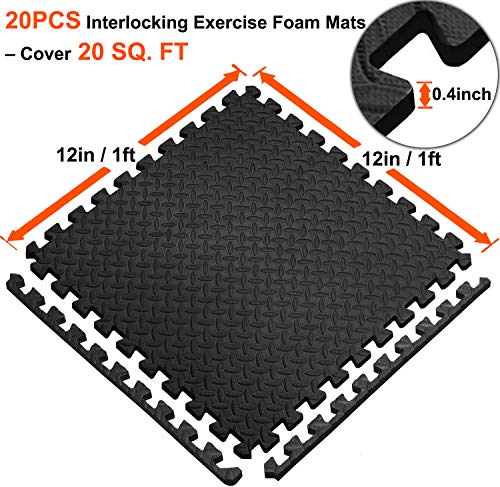 Walsai Exercise Mats Puzzle Foam Mats Gym Flooring Mat Cover 20 SQ.FT Interlocking Foam Mats with EVA Foam Floor Tiles for Home Gym Equipment Workouts Black