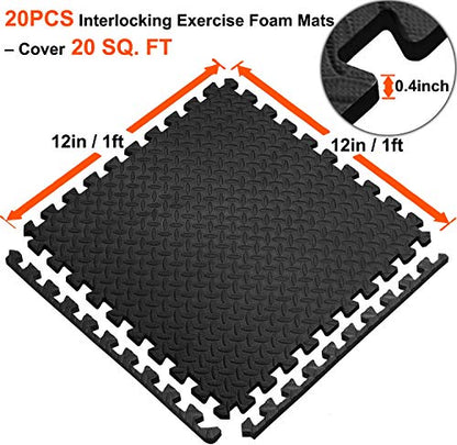 Walsai Exercise Mats Puzzle Foam Mats Gym Flooring Mat Cover 20 SQ.FT Interlocking Foam Mats with EVA Foam Floor Tiles for Home Gym Equipment Workouts Black