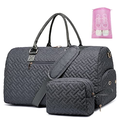 Duffle Bag for Travel, Weekender Bag with Shoe Compartment, Carry On Overnight Bag for Women with Toiletry Bag, 50L Gym Bag with Wet Pocket, Hospital Bags for Labor and Delivery Pink - color: Dark Gray