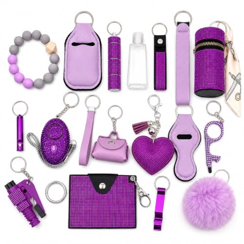 Personal Safety Keychain Set for Women, Self Defense Kit with 130DB Alarm, Wristlet, Emergency Tools - color: Purple