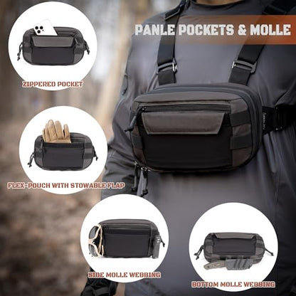 Tactical Chest Rig Pack for Men and Women, Low Profile Utility CCW Chest Bag with Gun Holster for Outdoor Hiking Hunting Gravel Cycling Biking - color: Gray