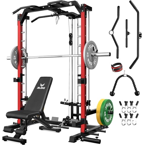 JELENS SR01 Smith Machine, 2000LBS Multi-Function Power Cage with LAT Pulldown System, All-in-One Home Gym Squat Rack with Smith Bar and Training Attachments for Full Body Workouts - color: Red, size: 140LB Colored Weights Package