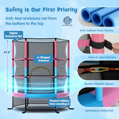 GYMAX Toddler Trampoline, 55” Trampoline for Kids with Bottom-to-Top All-Round Enclosure Net & Seamless Jumping Mat, ASTM Approved Easy Assembly Kids Mini Trampolines Indoor/Outdoor - color: Pink Blue