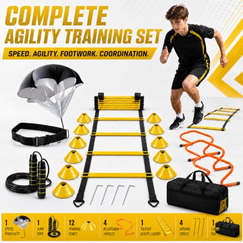 Simple Deluxe Agility Ladder Speed Training Equipment Set, 20ft Speed Ladder, 4 Adjustable Hurdles, Resistance Parachute, 12 Soccer Cones, Jump Rope, Ground Stakes for Football & Fitness - color: Yellow