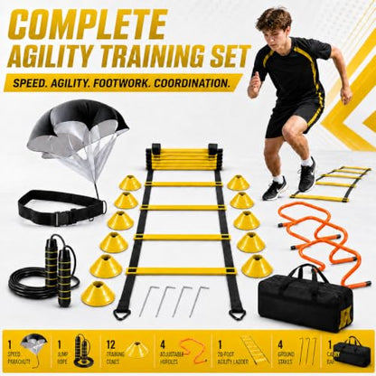 Simple Deluxe Agility Ladder Speed Training Equipment Set, 20ft Speed Ladder, 4 Adjustable Hurdles, Resistance Parachute, 12 Soccer Cones, Jump Rope, Ground Stakes for Football & Fitness - color: Yellow