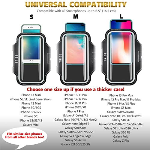 TRIBE Water Resistant Cell Phone Armband Case Running Holder for iPhone Pro Max Plus Mini SE (13/12/11/X/XS/XR/8/7/6/5) Galaxy S Ultra Plus Edge Note (21/20/10/9/8/7/6/5) Adjustable Strap & Key Pocket - color: Black/Grey, size: S: iPhone Mini/8/7/6/5/4/3/