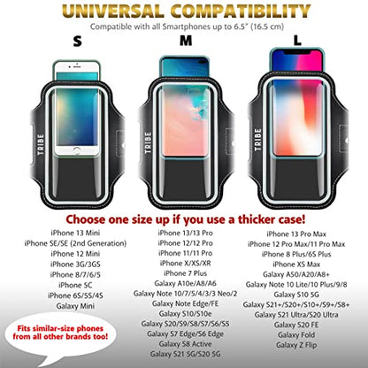 TRIBE Water Resistant Cell Phone Armband Case Running Holder for iPhone Pro Max Plus Mini SE (13/12/11/X/XS/XR/8/7/6/5) Galaxy S Ultra Plus Edge Note (21/20/10/9/8/7/6/5) Adjustable Strap & Key Pocket - color: Black/Grey, size: S: iPhone Mini/8/7/6/5/4/3/