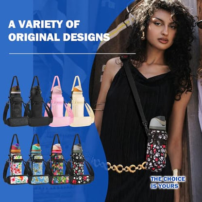 Neoprene Water Bottle Holder Bag with Cell Phone Pocket Compatible with Owala FreeSip 24 oz，Water Bottle Carrying Bag ，with Adjustable Shoulder Strap,for 24oz Stainless Steel Water Bottle - color: Polka Dots