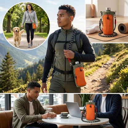 Water Bottle Holder with Strap - Crossbody Bottle Carrier Bag with Phone Pocket, Fits 32 oz Flasks for Men & Women - color: Orange