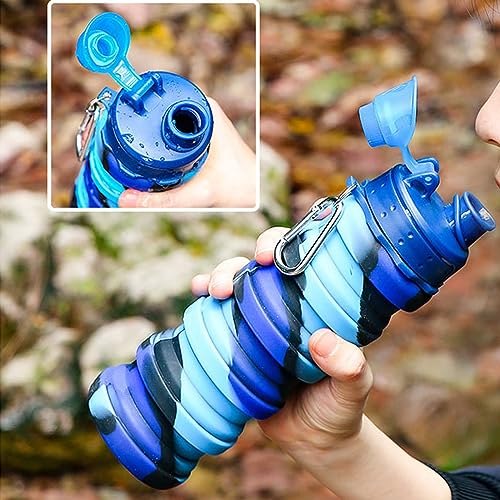 Collapsible Water Bottles Travel water bottle Sports Portable Sport Water Bottle Reusable Water Bottles comes with mountaineering Buckle 500ml silicone Water-proof camping water bottle - color: Dark blue+Grey, style: 2 pack