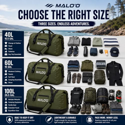 Malo’o Waterproof Dry Duffel, Heavy-Duty Roll Top Waterproof Gear Bag with Shoulder Strap & Molle Loops, Marine Duffel for Kayaking, Boating, Camping, Beach & Travel, Black, 40L - color: Black, size: 40L