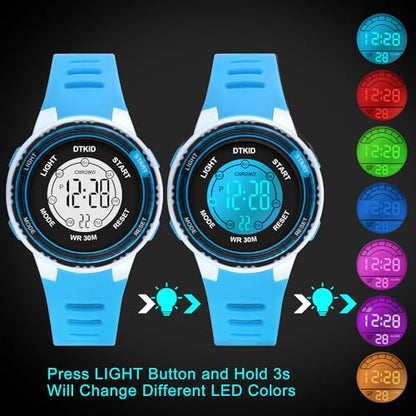 DTKID Digital Kids Watch 30 M Waterproof for Girls Boys 5-16 - color: Bright blue