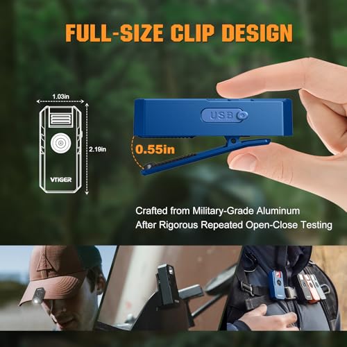 VTIGER C1 Rechargeable EDC Flashlight Clip-on Light, 1300 Lumens Powerful Portable Mini Swivel Clip Light,Multi-Mode,IPX6 Waterproof, Magnetic Small Pocket Lights for Cycling,Working,Emergency,Signal - color: Blue