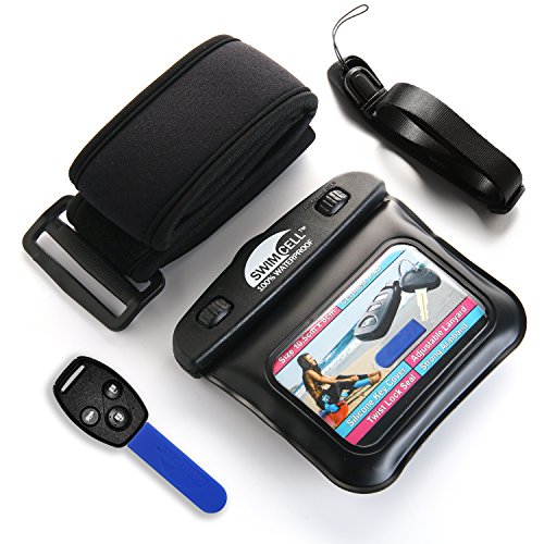 SwimCell Waterproof Key Pouch for Swimming with Armband & Lanyard - Black - color: Black, size: Key Case 3 x 4 inches