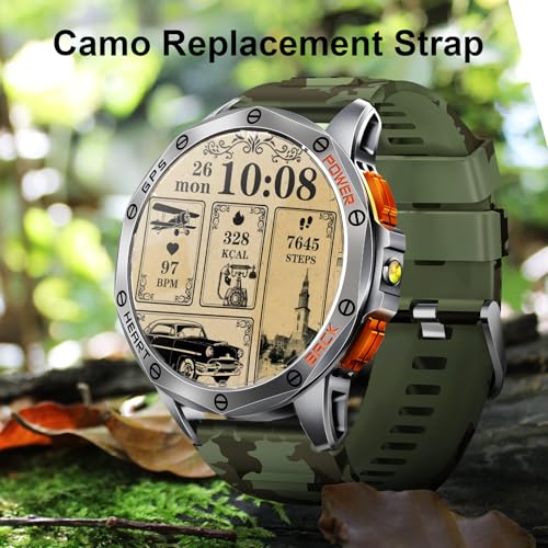 Military Smart Watch for Men, Built-in GPS, 30-day standby, 1.43" AMOLED - color: Sivler & Camo (2 Bands)
