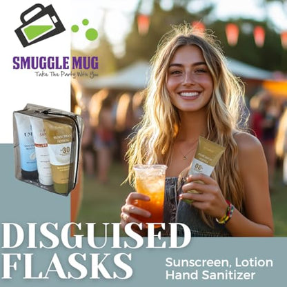 Smuggle Mug Lotion Flasks 3 Pack | TSA Approved 100ml Tubes and Clear Quart Zipper Bag | Lid Seals and Funnel Included | Disguised Containers for Cruise, Beach, and Festival | Total of 10 oz | Secret