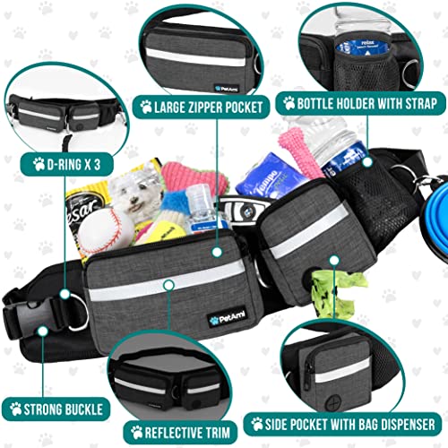 PetAmi Hands Free Dog Leash, Dog Running Leash Belt Bag for Walking, Jogging, Dog Waist Double Zipper Pouch with Poop Bag Dispenser, Dual Padded Handles Reflective Bungee Leash, Single (Charcoal Grey) - color: Charcoal Grey, size: 1 Leash