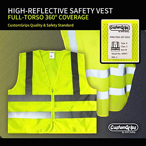 CustomGrips, Highly Visibility Original Safety Vest with 4 Highly Reflective Strips for Safety, Zipper Mesh Breathable Fabric for Outdoor Work, Jogging, Sports - ANSI/ISEA 107-2015(Class 2)[4X-Large]