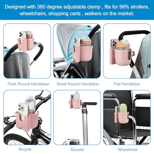 Accmor Stroller Cup Holder with Phone Holder, Bike Cup Holder, Universal Cup Holder for Uppababy Nuna Strollers, 2-in-1 Drinks Holder for Walker, Wheelchair, Scooter - color: All Light Pink