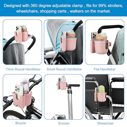 Accmor Stroller Cup Holder with Phone Holder, Bike Cup Holder, Universal Cup Holder for Uppababy Nuna Strollers, 2-in-1 Drinks Holder for Walker, Wheelchair, Scooter - color: All Light Pink