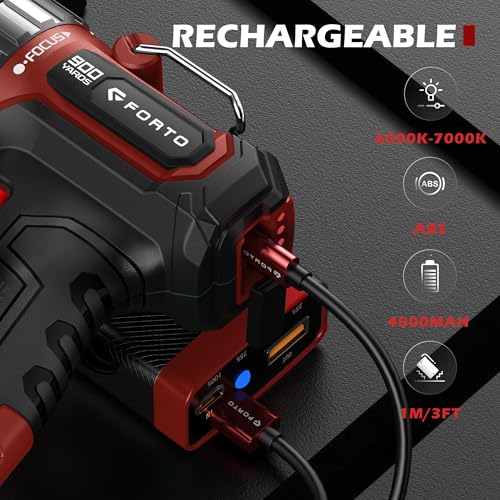FORTO Rechargeable Spotlight 1400 Lumens – Zoomable Handheld LED Flashlight, 8H Battery, 2700ft Beam, Adjustable Focus & Stand for Camping Hunting Emergency – Great Gift - color: Red