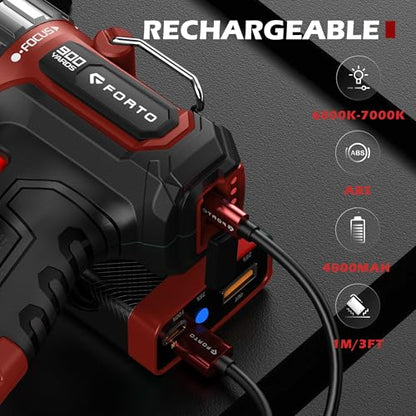 FORTO Rechargeable Spotlight 1400 Lumens – Zoomable Handheld LED Flashlight, 8H Battery, 2700ft Beam, Adjustable Focus & Stand for Camping Hunting Emergency – Great Gift - color: Red