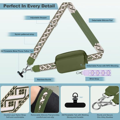 YFWE Clip and Go Strap for Phone with Wallet Crossbody, Adjustable Phone Lanyard with Detachable RFID Wristlet Wallet, Pattern Strap - Olive Green(L) - color: Olive Green, size: Large