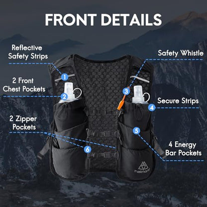 Haimont 5L Trail Running Hydration Vest with Soft Flasks - color: Black, size: Large