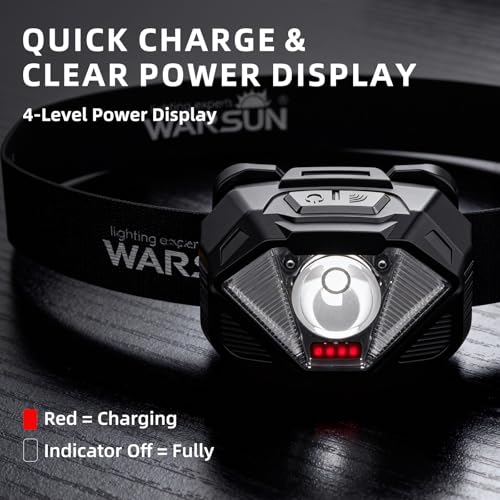 WARSUN WH02 LED Headlamp, Rechargeable Headlamp with Motion Sensor, Ultra-Light Bright Head Light with Dual Power, 5 Modes Red White Light for Hiking, Running, Fishing