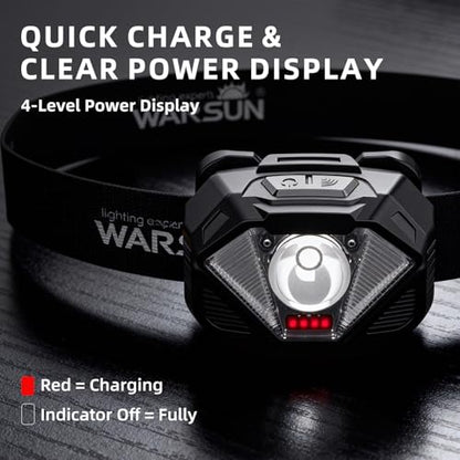 WARSUN WH02 LED Headlamp, Rechargeable Headlamp with Motion Sensor, Ultra-Light Bright Head Light with Dual Power, 5 Modes Red White Light for Hiking, Running, Fishing