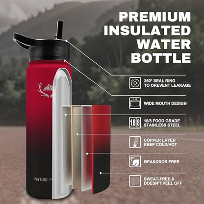 NATURE PIONEOR 24 oz Insulated Water Bottle with Carrier Bag & 3 Lids - color: Red Black, size: 24 Ounces