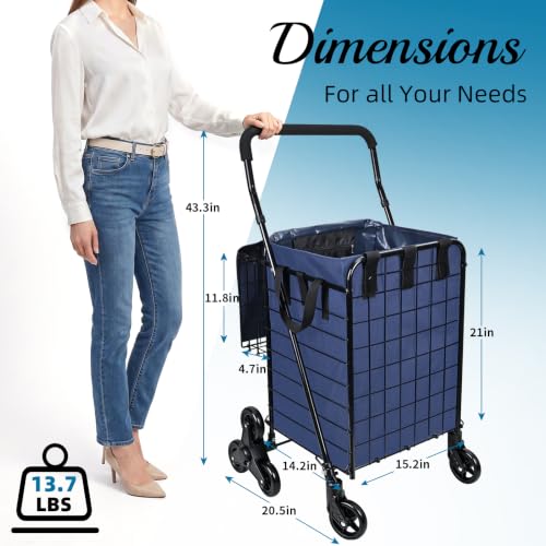 Kiffler Stair Climber Grocery Cart w/Waterproof Liner & Tri-Wheels - color: Black+blue Bag