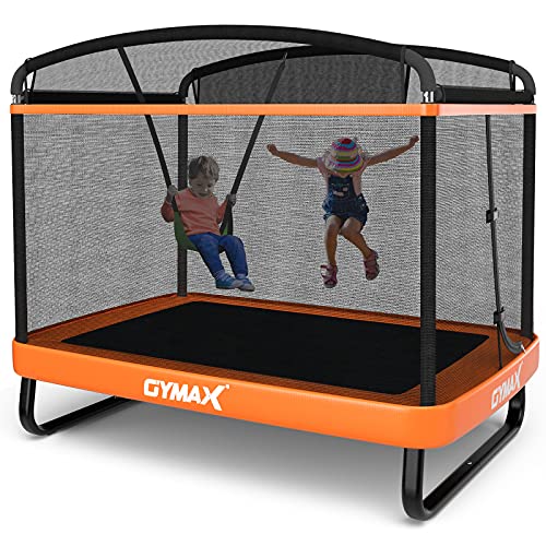 GYMAX Trampoline for Kids, 6FT Toddler Trampoline with Swing & Enclosure Safety Net, ASTM Approved Rectangle Recreational Trampoline for Indoor/Outdoor, Birthday for Baby Boys & Girls - color: Orange
