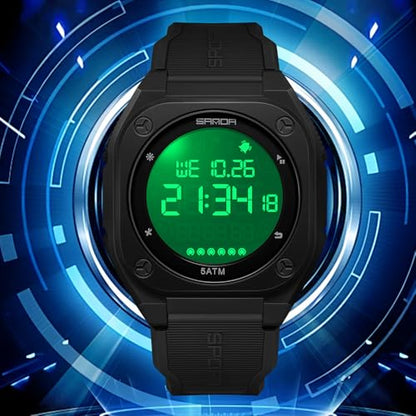 FANMIS Men's Digital Sports Watch Big Face Stopwatch Outdoor Rubber Strap - color: Black Black
