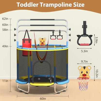 60" Indoor Trampoline for Kids with Safety Net, 440lbs Small Outdoor Kids Trampoline with Swing, Adjustable Gym Bar and Basketball Hoop, Fun & Active Play for Boys and Girls, Yellowishblue