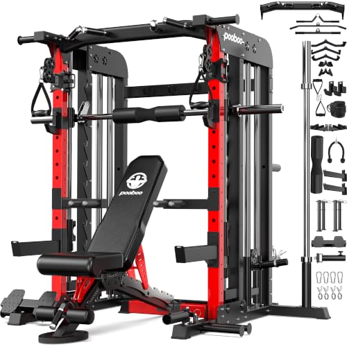 pooboo Power Cage Smith Machine with 2000LB Squat Rack Cable System