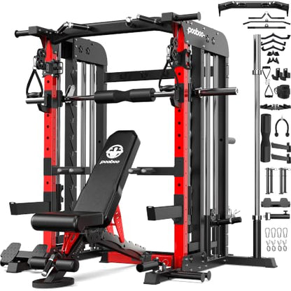 pooboo Power Cage Smith Machine with 2000LB Squat Rack Cable System