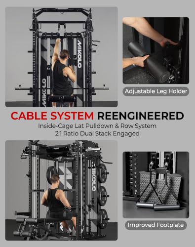 Mikolo Smith Machine with Weight Stack, Power Cage Home Gym System with LAT Pulldown & Cable Crossover, Multi-Functional Trainer with Dual Pulley System, Includes 10+ Free Attachments - color: Black