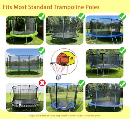 Trampoline Basketball Hoop, Fits Most Straight & Curved Poles, with Stainless Steel Angle-Adjustable Mounting Base, Includes Mini Basketball & Pump (with Clamp, 21 * 14inch)