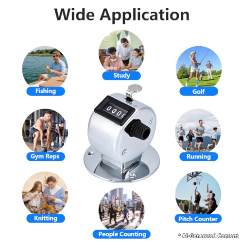 5Pcs Clicker Counter Set, 4 Digit Hand Counter Clicker with Loop, Metal Hand Tally Counter with Round Base for Sports, Events, Game, Scores, Golf, Silver