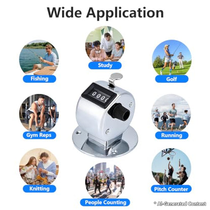5Pcs Clicker Counter Set, 4 Digit Hand Counter Clicker with Loop, Metal Hand Tally Counter with Round Base for Sports, Events, Game, Scores, Golf, Silver