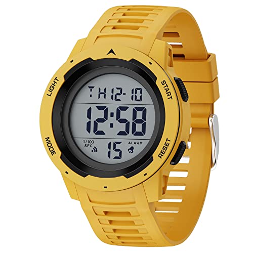 GOLDEN HOUR Mens Waterproof Digital Sport Watches Wide Screen Easy Read Display Military Style with Rubber Strap - color: yelllow