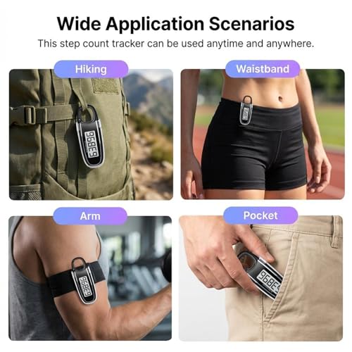 3D Pedometer for Walking, Simple Step Counter with Clip & Carabiner - color: black