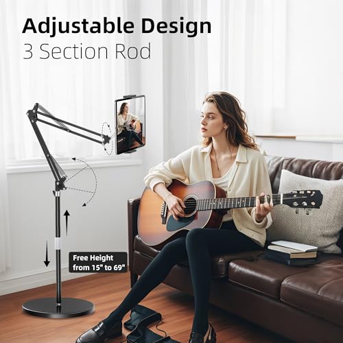 Tablet Floor Stand with 12lb Stable Base Overhead Bed Ipad Phone Holder Mount with Adjustable Height Stretchable Arm for 4.5-13in iPad Pro Air Mini 12.9/9.7, Kindle, Galaxy Tab, CellPhones