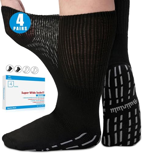 Bulinlulu Extra Width Diabetic Socks Men Women-4 Pairs Wide Edema Sock for Swollen Feet,Non Slip Cast Bariatric Socks 13-15 - color: Black/White