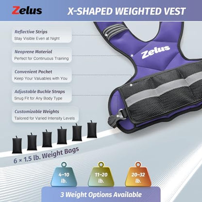 ZELUS Weighted Vest for Men Women,Adjustable 4-32lb Vest, Removable Weights - color: Violet, size: 11-20 lb.